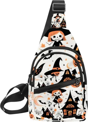 Crossbody Small Sling Bag Backpack for Women Men, Cute vector set with Halloween illustrations 1_5 Chest Daypack Crossbody Travel Sports Hiking