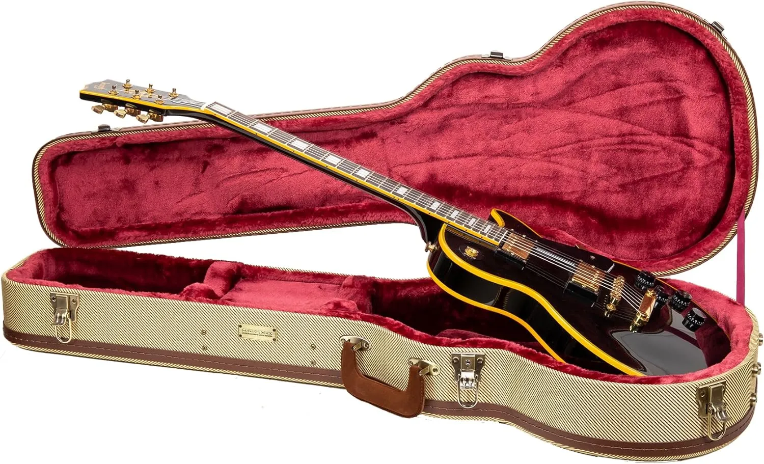 Crossrock Master Series Les Paul Electric Guitar Case | Classic Fabric Tweed Exterior, Re-Engineered Wooden Shell, Leather Handle & Deep Red Velvet Interior