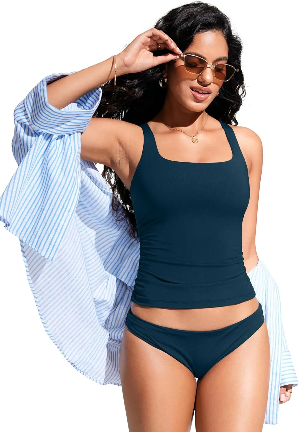 CRZ YOGA Tankini Tops for Women Square Neck Swimsuit Ruched Tummy Control Bathing Suits Adjustable Swim Tank Only No Bottom