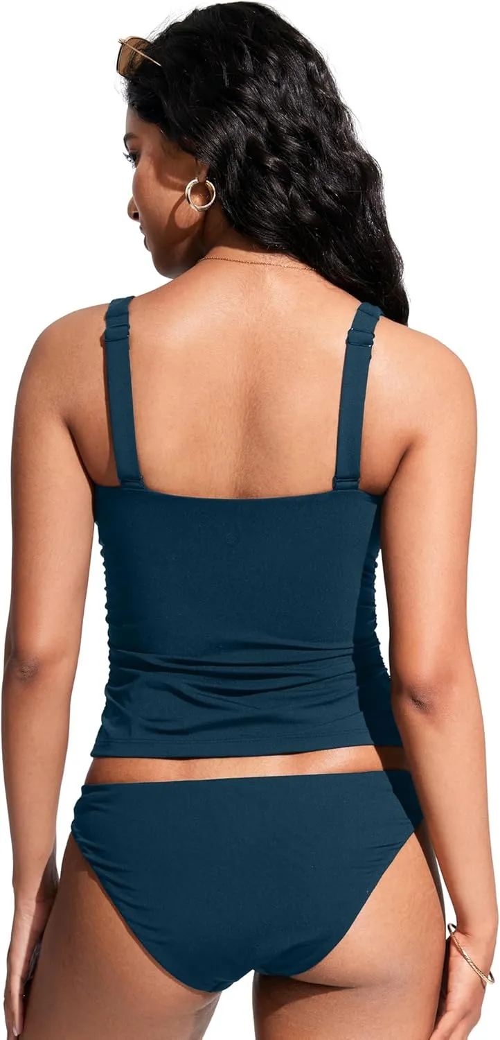 CRZ YOGA Tankini Tops for Women Square Neck Swimsuit Ruched Tummy Control Bathing Suits Adjustable Swim Tank Only No Bottom