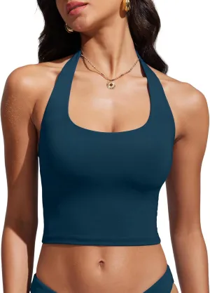 CRZ YOGA Womens Halter Bikini Tops Full Coverage Swim Bathing Suit Scoop Neck Backless Swimsuit Padded