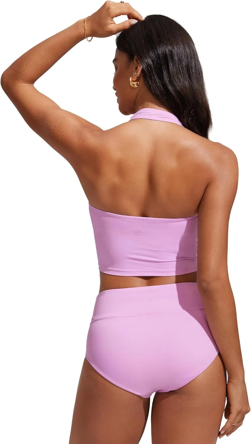CRZ YOGA Womens Halter Bikini Tops Full Coverage Swim Bathing Suit Scoop Neck Backless Swimsuit Padded