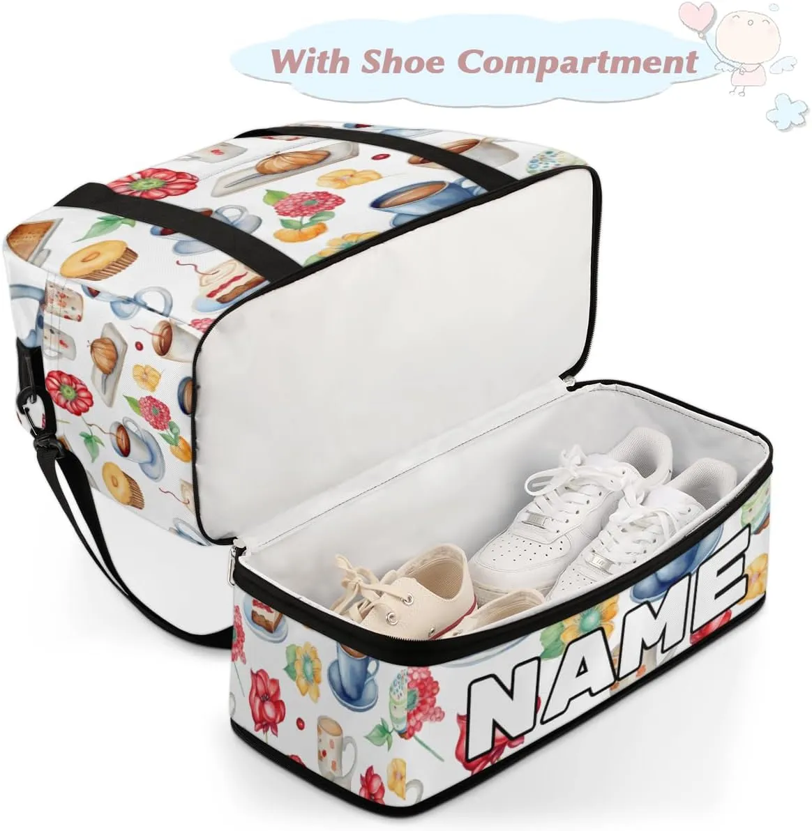 Cupcake Party Printed Custom Foldable Duffle Bag with Shoes Compartment Personalized Large Capacity Waterproof Travel Weekender Bag Overnight Bag for Sports Gym
