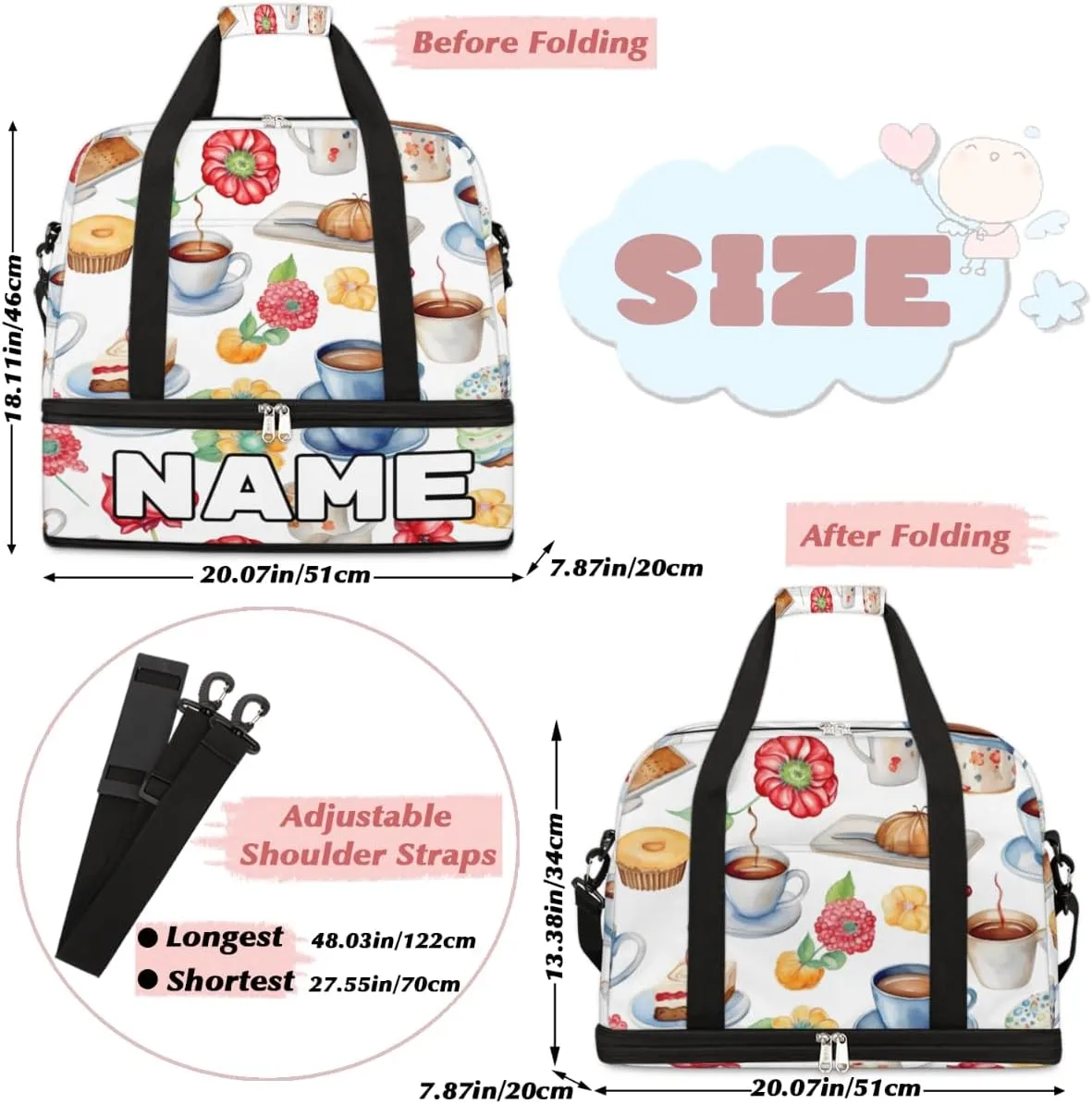 Cupcake Party Printed Custom Foldable Duffle Bag with Shoes Compartment Personalized Large Capacity Waterproof Travel Weekender Bag Overnight Bag for Sports Gym