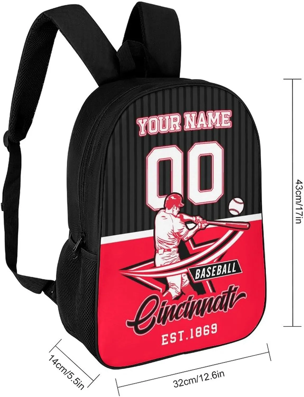 Custom Cincinnati Backpack Gift for Men Women Boys Girls, Personalized Name Number Shoulder Bag for School Travel Daypack