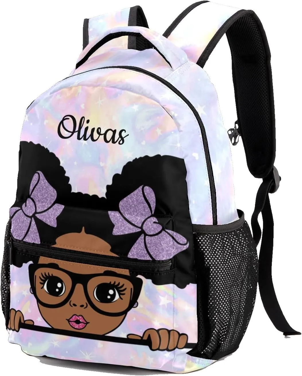 Custom Kids Backpack, Personalized Student School Bags for Boys & Girls, Bookbags for Travel Watercolor Star Black Girl