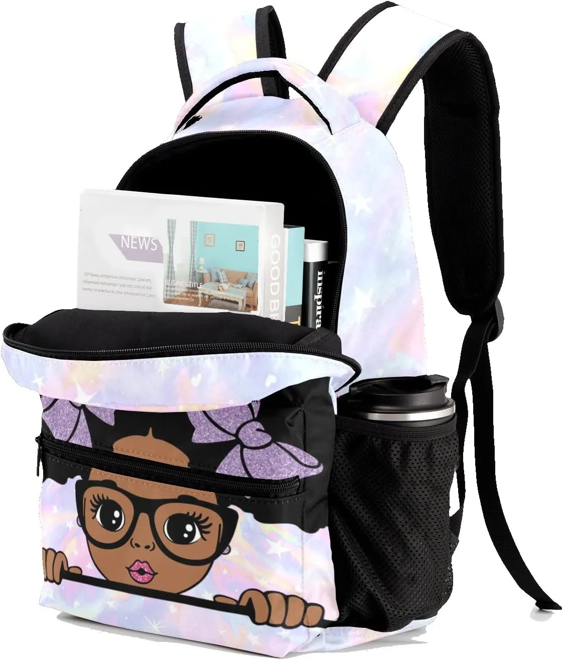Custom Kids Backpack, Personalized Student School Bags for Boys & Girls, Bookbags for Travel Watercolor Star Black Girl