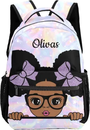 Custom Kids Backpack, Personalized Student School Bags for Boys & Girls, Bookbags for Travel Watercolor Star Black Girl