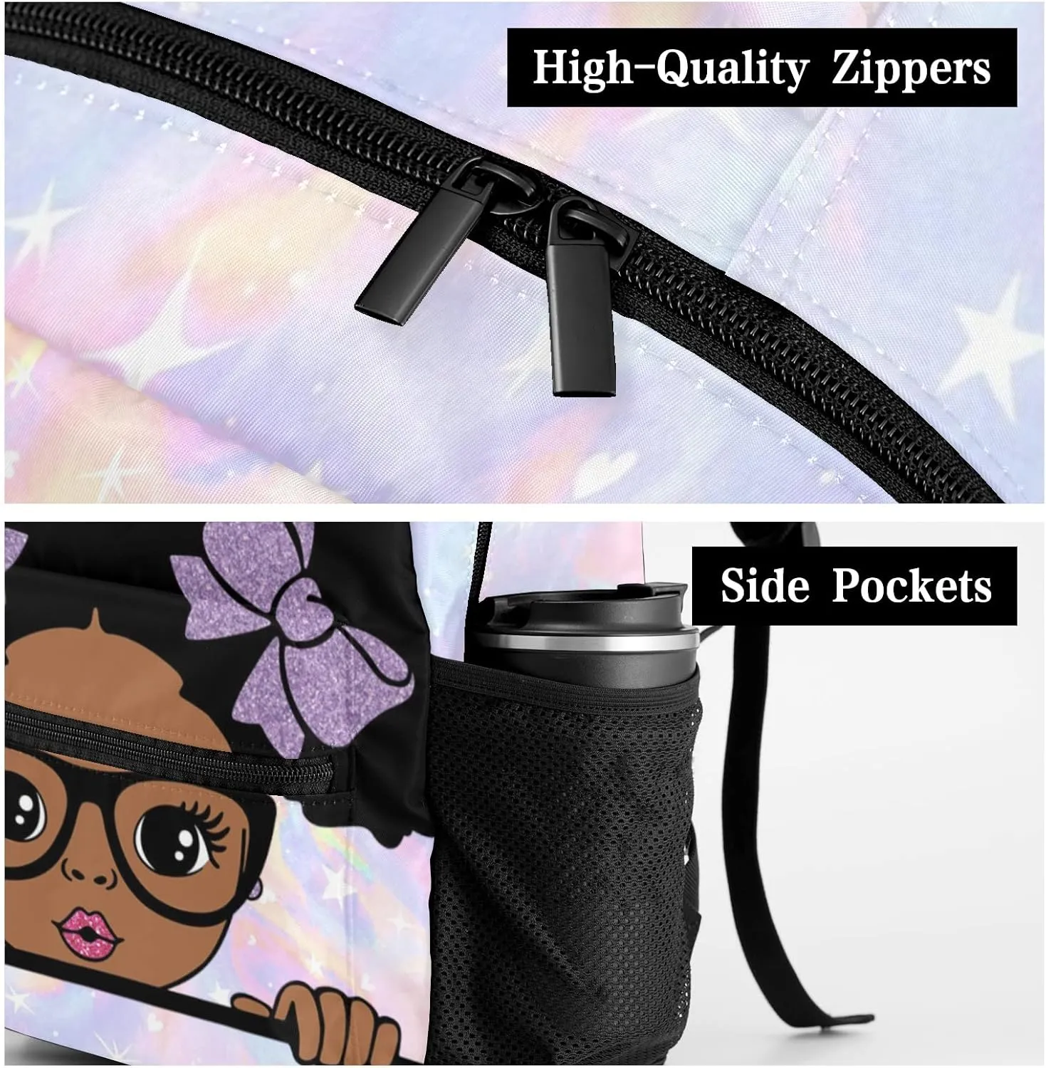 Custom Kids Backpack, Personalized Student School Bags for Boys & Girls, Bookbags for Travel Watercolor Star Black Girl