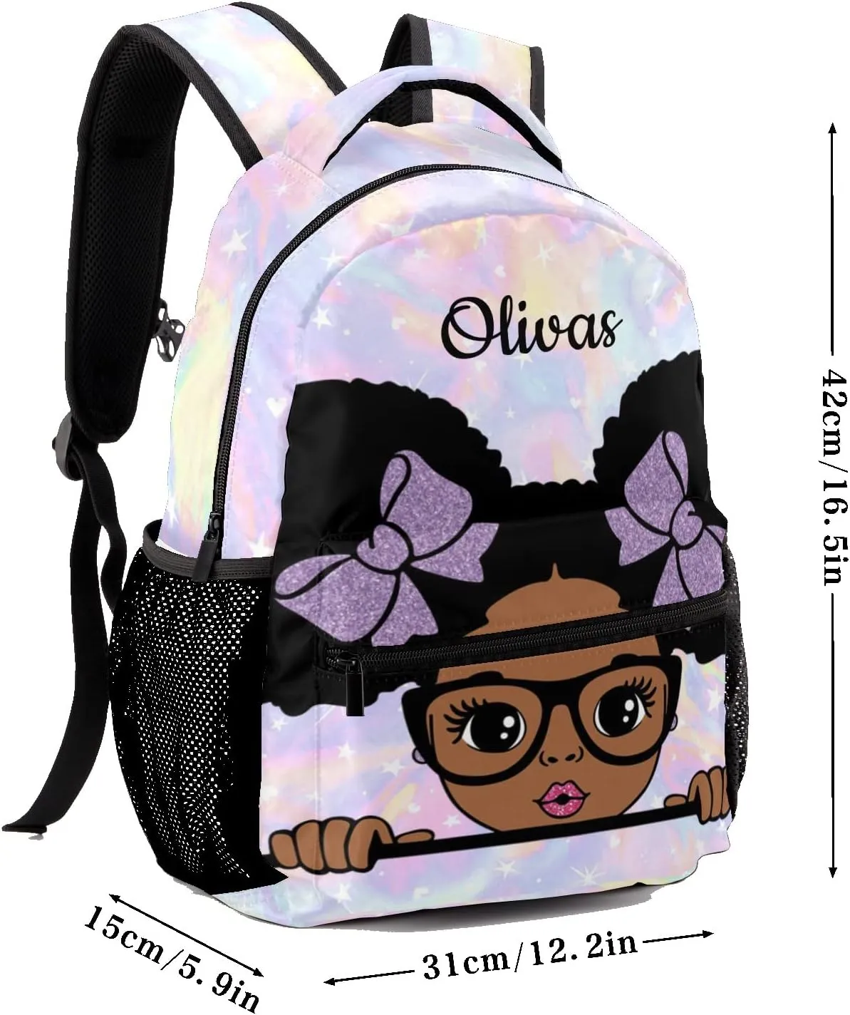 Custom Kids Backpack, Personalized Student School Bags for Boys & Girls, Bookbags for Travel Watercolor Star Black Girl