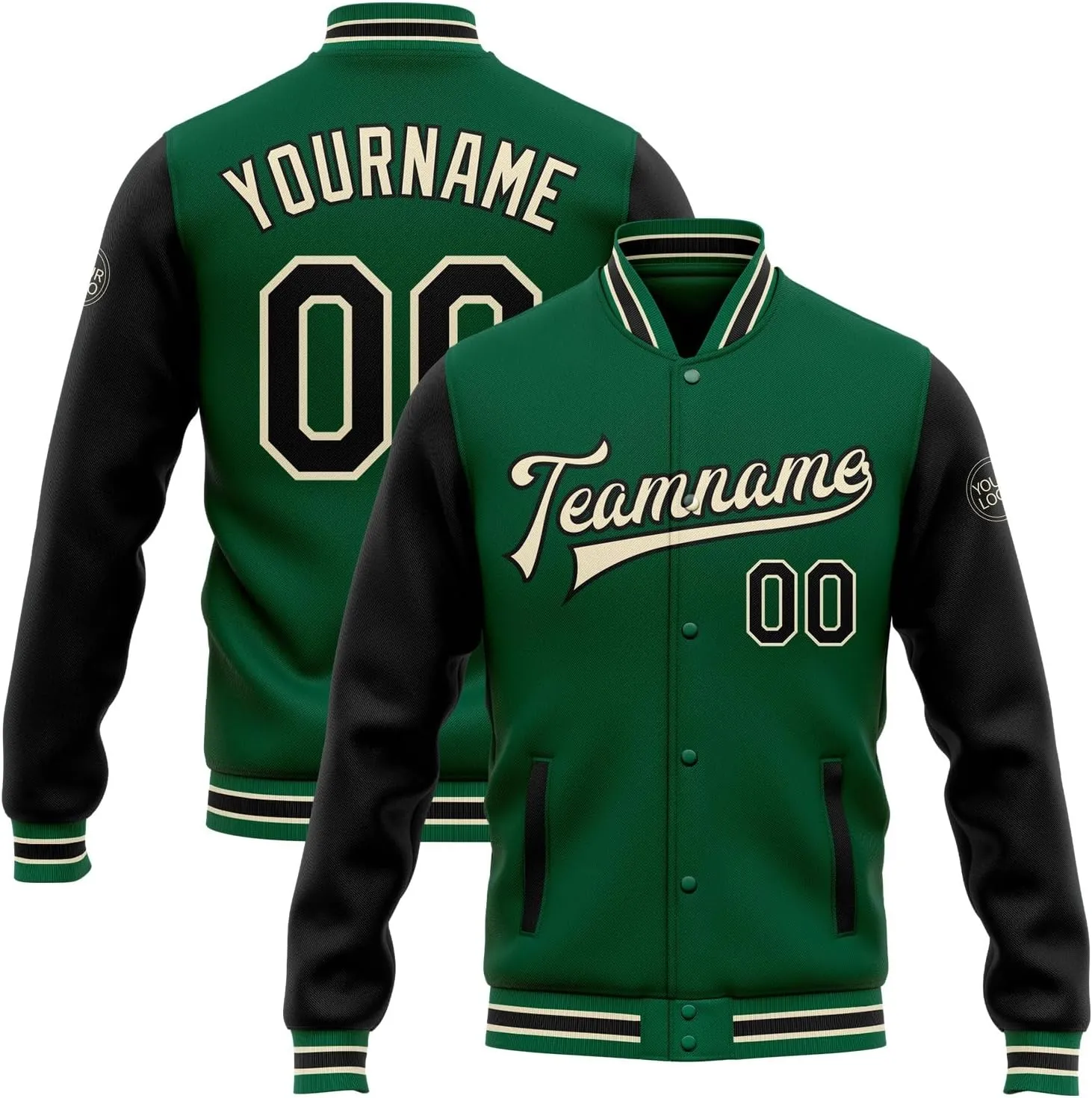Custom Name Team Name Number Green Cream Fashion Jacket, Personalized Team Name Number Letterman Jacket Baseball Jacket