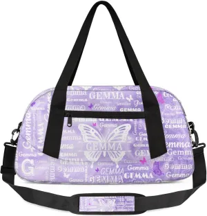 Custom Sport Duffel Bag with Name Butterfly Travel Overnight Bag for Women Men Waterproof Dance Ballet Bag Lightweight 18.5in, Purple Fluid Glitter