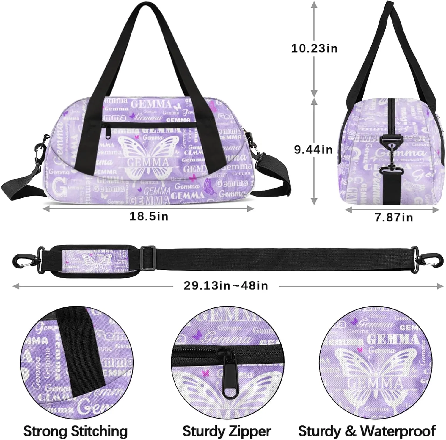 Custom Sport Duffel Bag with Name Butterfly Travel Overnight Bag for Women Men Waterproof Dance Ballet Bag Lightweight 18.5in, Purple Fluid Glitter