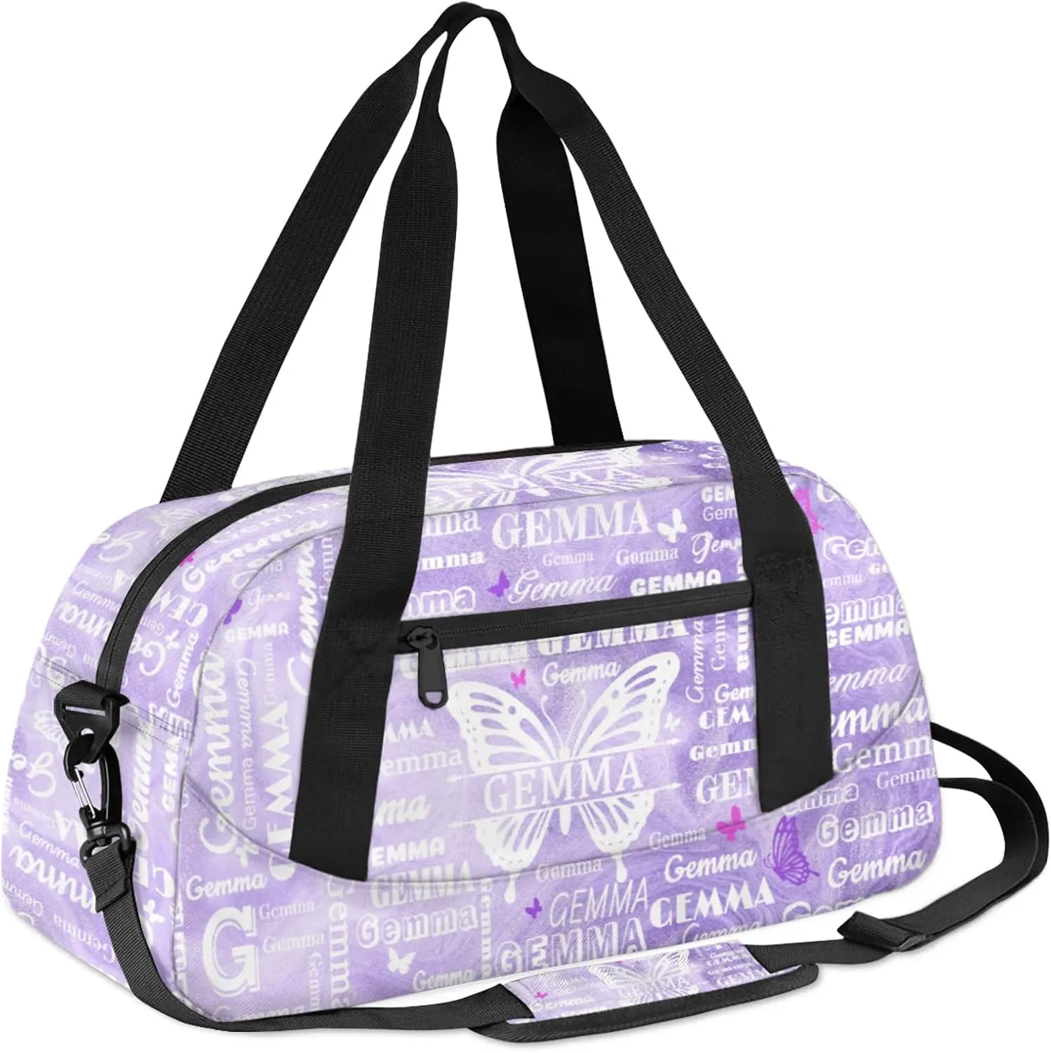 Custom Sport Duffel Bag with Name Butterfly Travel Overnight Bag for Women Men Waterproof Dance Ballet Bag Lightweight 18.5in, Purple Fluid Glitter