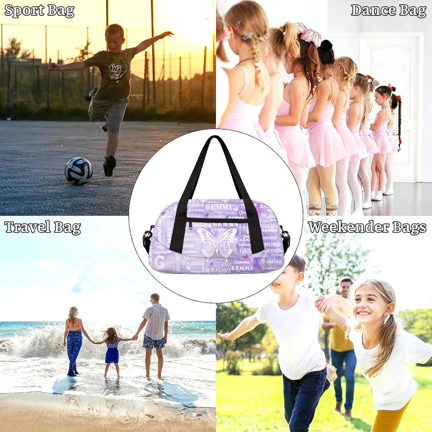 Custom Sport Duffel Bag with Name Butterfly Travel Overnight Bag for Women Men Waterproof Dance Ballet Bag Lightweight 18.5in, Purple Fluid Glitter