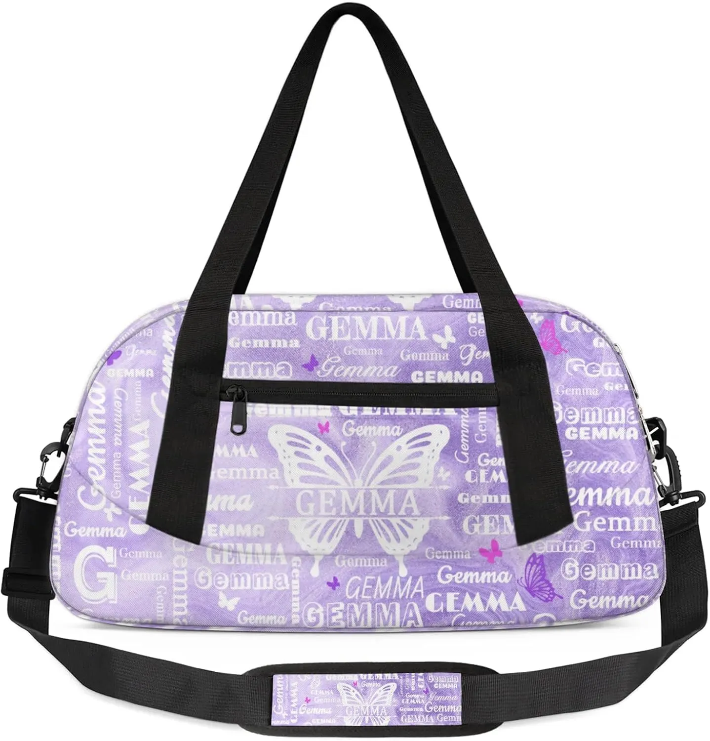 Custom Sport Duffel Bag with Name Butterfly Travel Overnight Bag for Women Men Waterproof Dance Ballet Bag Lightweight 18.5in, Purple Fluid Glitter