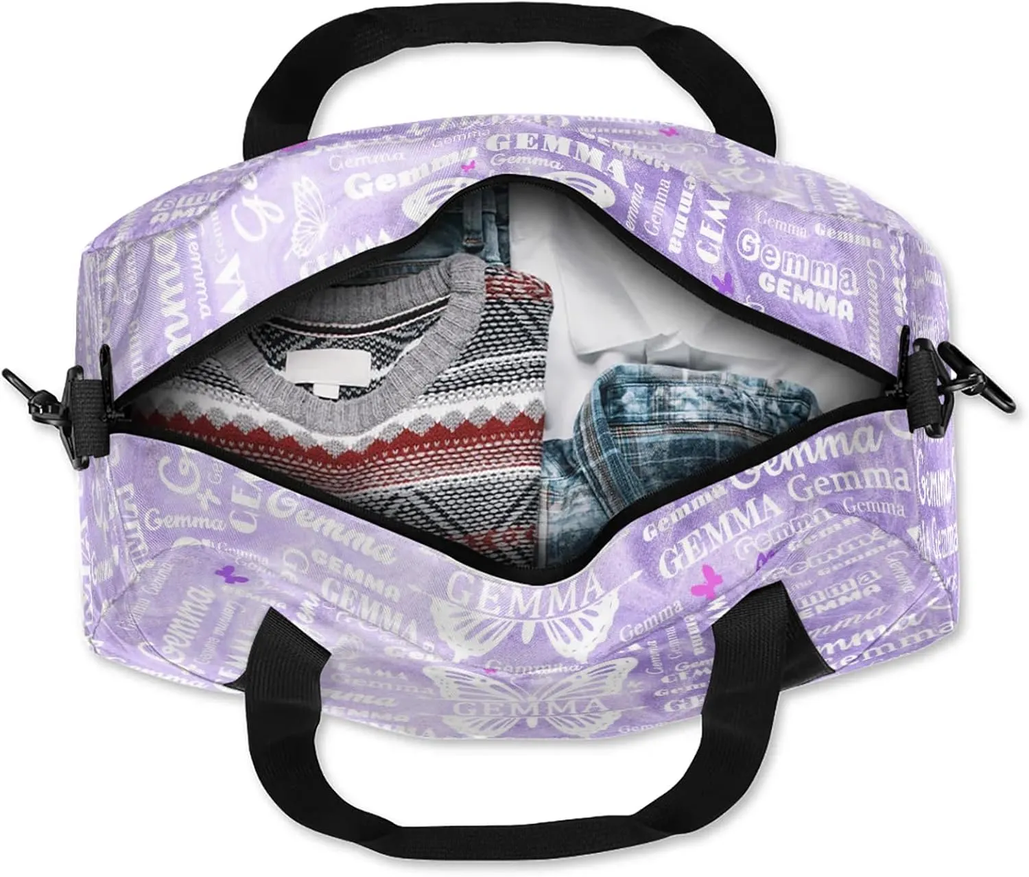 Custom Sport Duffel Bag with Name Butterfly Travel Overnight Bag for Women Men Waterproof Dance Ballet Bag Lightweight 18.5in, Purple Fluid Glitter