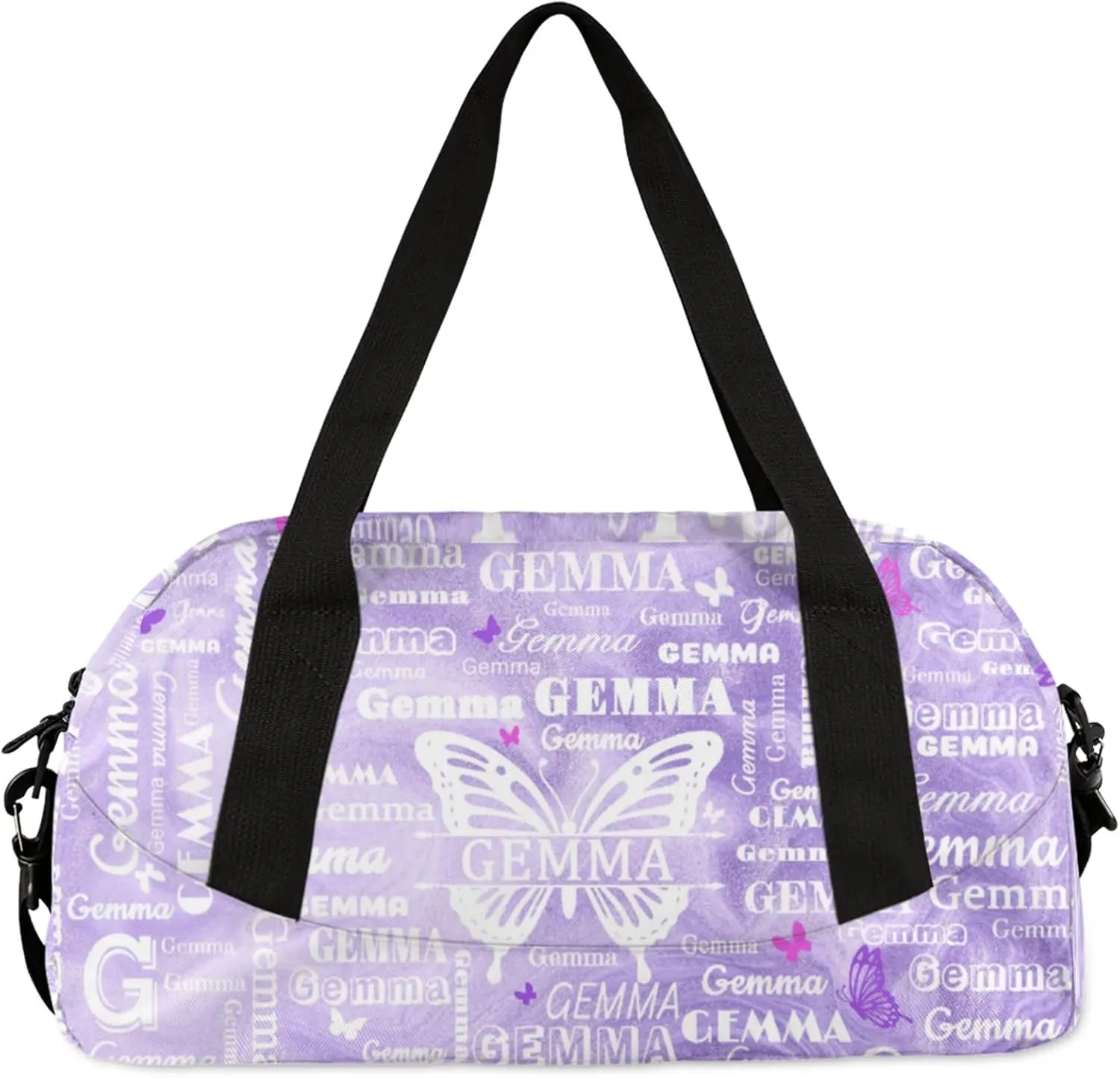 Custom Sport Duffel Bag with Name Butterfly Travel Overnight Bag for Women Men Waterproof Dance Ballet Bag Lightweight 18.5in, Purple Fluid Glitter