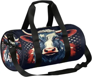 Customized Sports Gym Duffel Bag for Women & Men with Name,Fuuny American Flag Cattle Waterproof Personalized Tote Travel Beach Bag for Weekender Overnight Dance Carry-On Bag