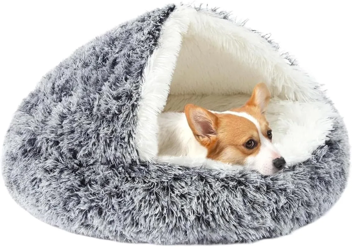 Cute Artificial Pet Nest Exquisite Round Doughnut Anti-Anxiety Hooded Plush Self-Heating Pet Bed, Artificial Pet Bed, Suitable for Indoor Cats and Dogs Suitable for Indoor Pets(Large 27.5'')