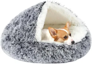 Cute Artificial Pet Nest Exquisite Round Doughnut Anti-Anxiety Hooded Plush Self-Heating Pet Bed, Artificial Pet Bed, Suitable for Indoor Cats and Dogs Suitable for Indoor Pets(Large 27.5'')