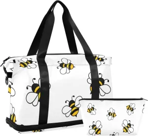 Cute Bee Versatile Sports Travel Bag - Lasting Twill Tote, Removable Wheel & Rod Bagging, Multi-pocket Design, Complimentary Makeup Bag