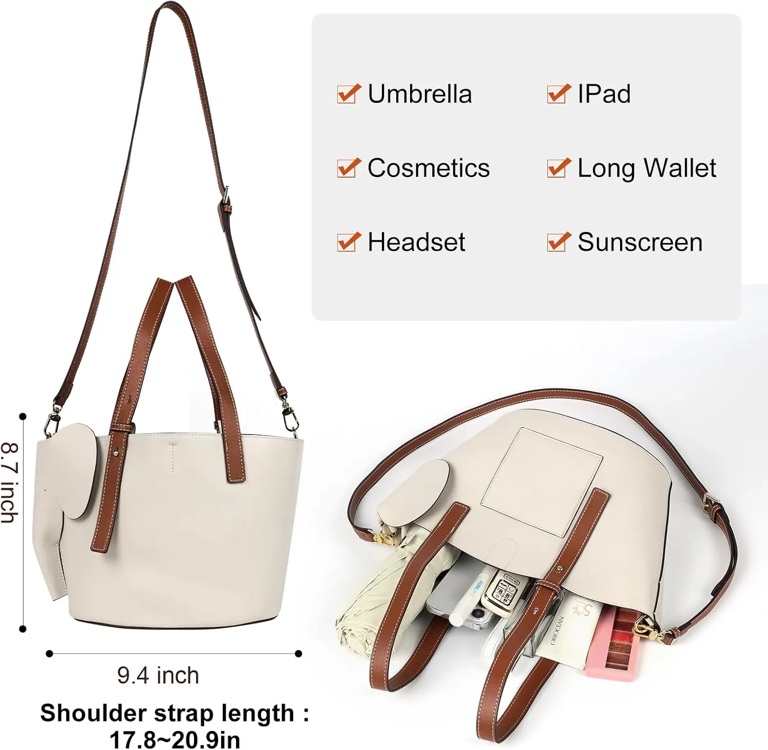 Cute Elephant Genuine Leather Tote Bags for Women with Shoulder Strap