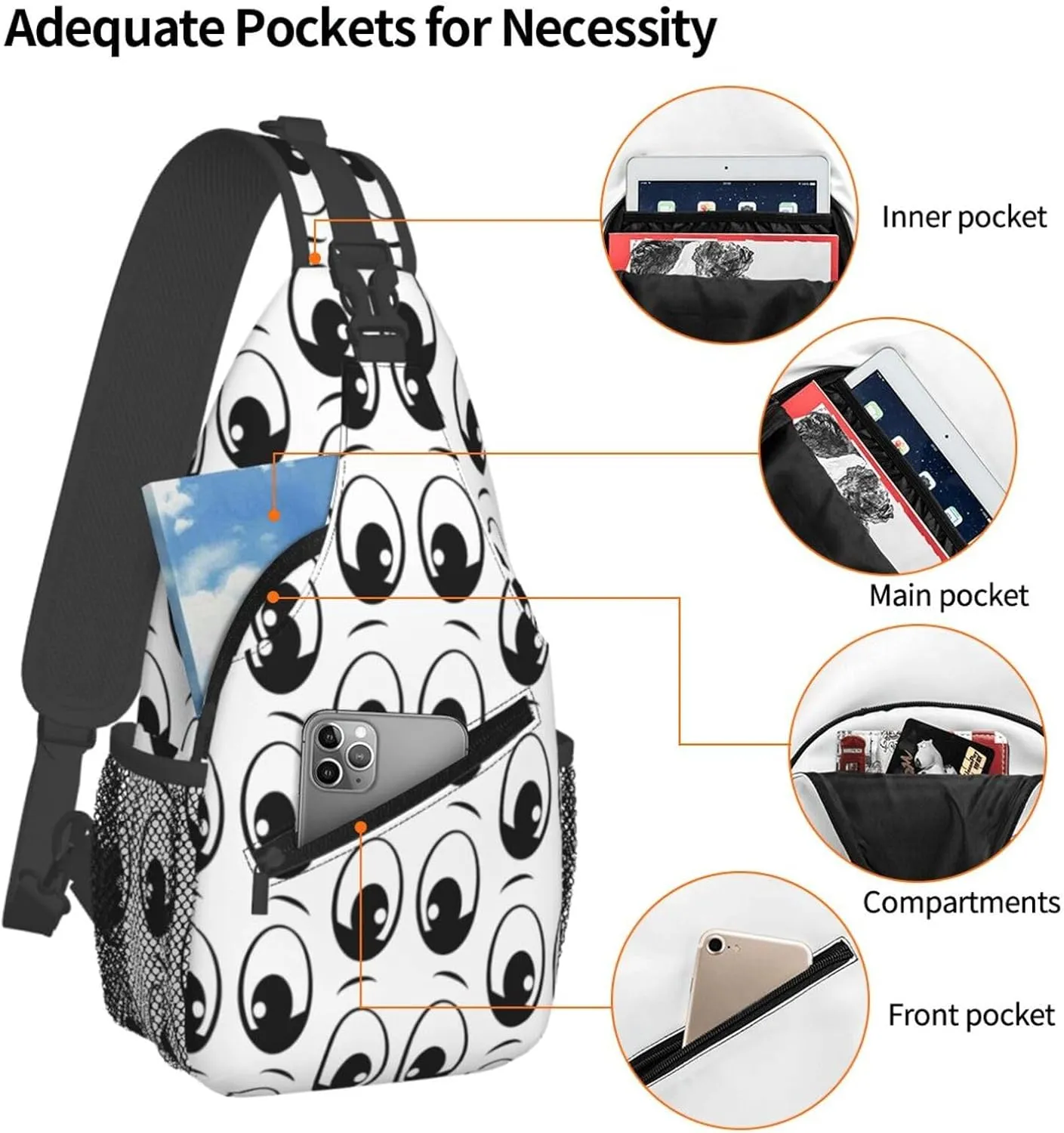 Cute Funny Cartoon Sketch Eyes Crossbody Bag Cross Chest Bag Adjustable Sling Backpack Sports Gym Shoulder Bags Travel Cycling Daypack Diagonally Casual Rucksack