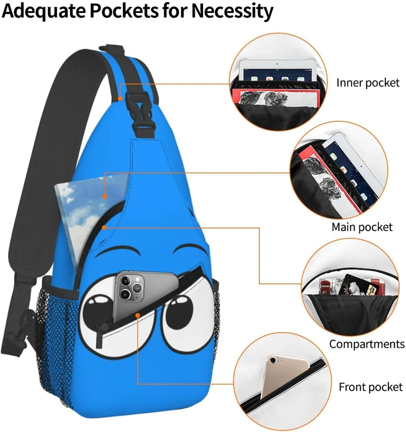 Cute Funny Cartoon Sketch Eyes Crossbody Bag Cross Chest Bag Adjustable Sling Backpack Sports Gym Shoulder Bags Travel Cycling Daypack Diagonally Casual Rucksack