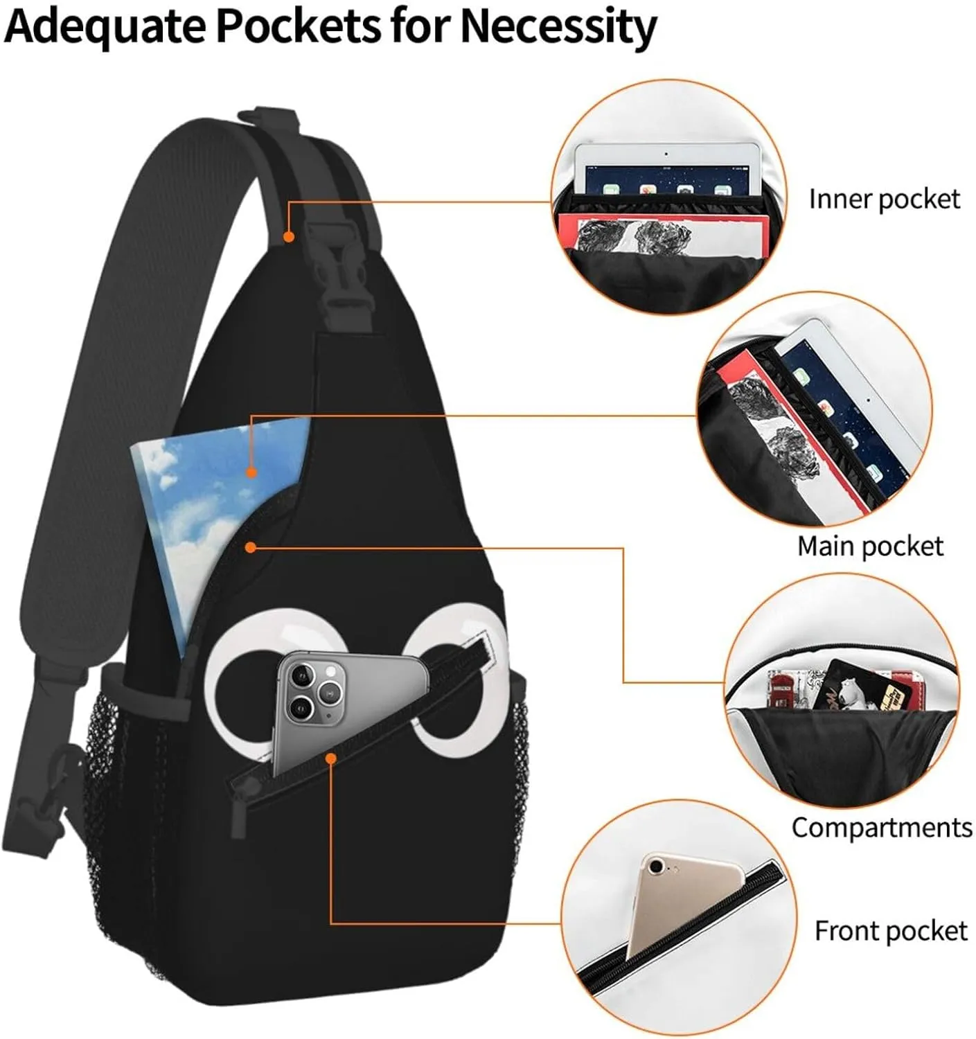 Cute Funny Cartoon Sketch Eyes Crossbody Bag Cross Chest Bag Adjustable Sling Backpack Sports Gym Shoulder Bags Travel Cycling Daypack Diagonally Casual Rucksack