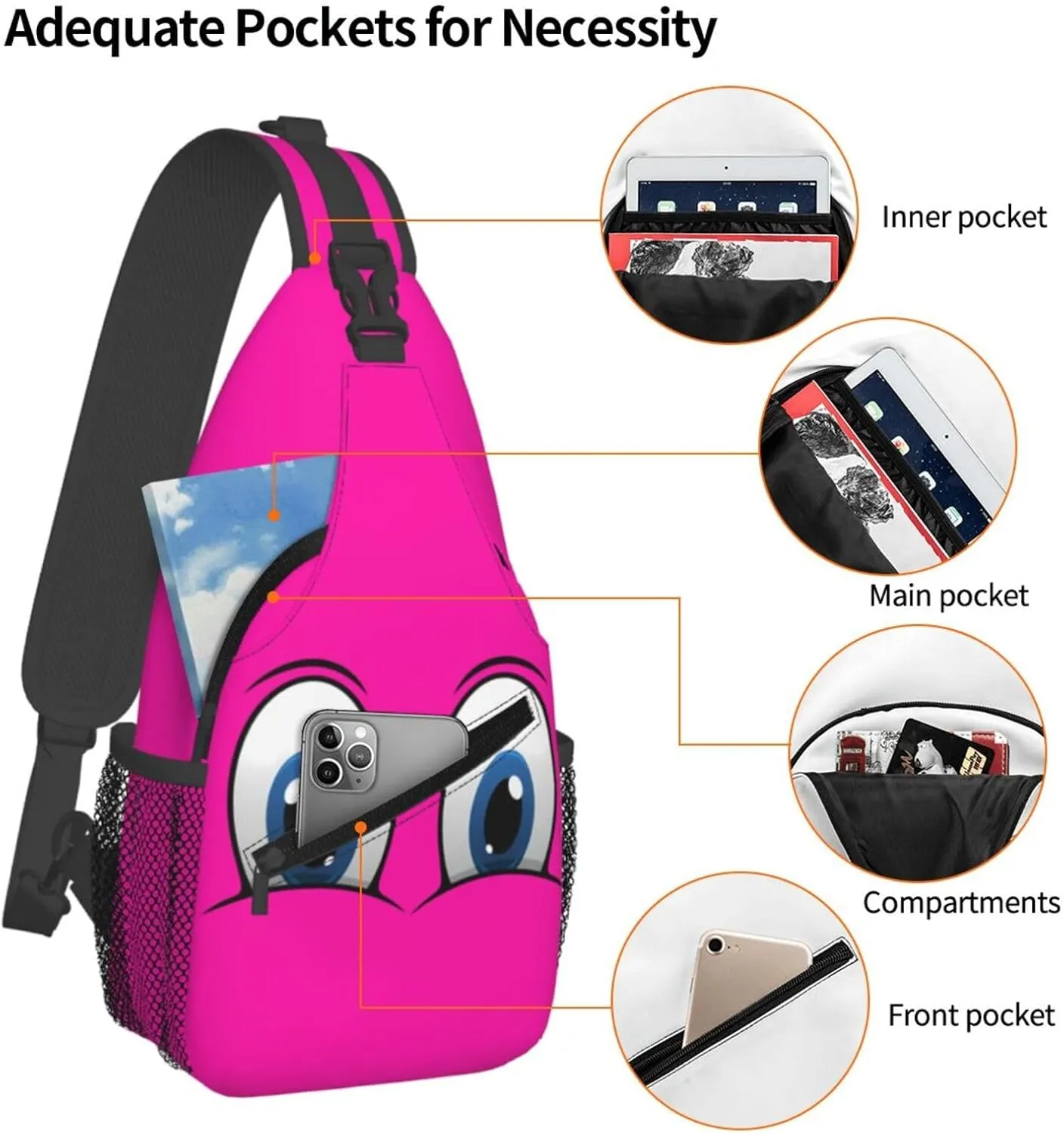 Cute Funny Cartoon Sketch Eyes Crossbody Bag Cross Chest Bag Adjustable Sling Backpack Sports Gym Shoulder Bags Travel Cycling Daypack Diagonally Casual Rucksack