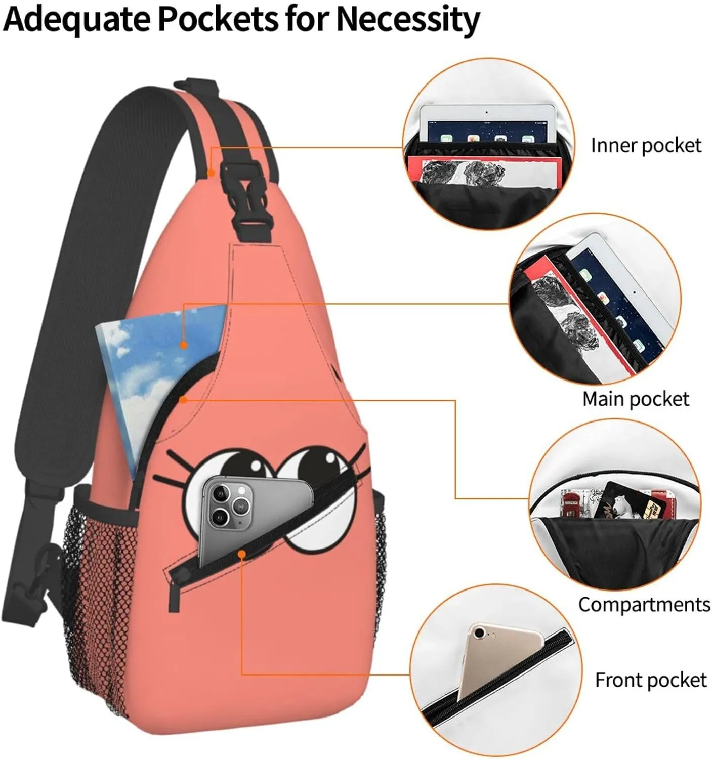 Cute Funny Cartoon Sketch Eyes Crossbody Bag Cross Chest Bag Adjustable Sling Backpack Sports Gym Shoulder Bags Travel Cycling Daypack Diagonally Casual Rucksack