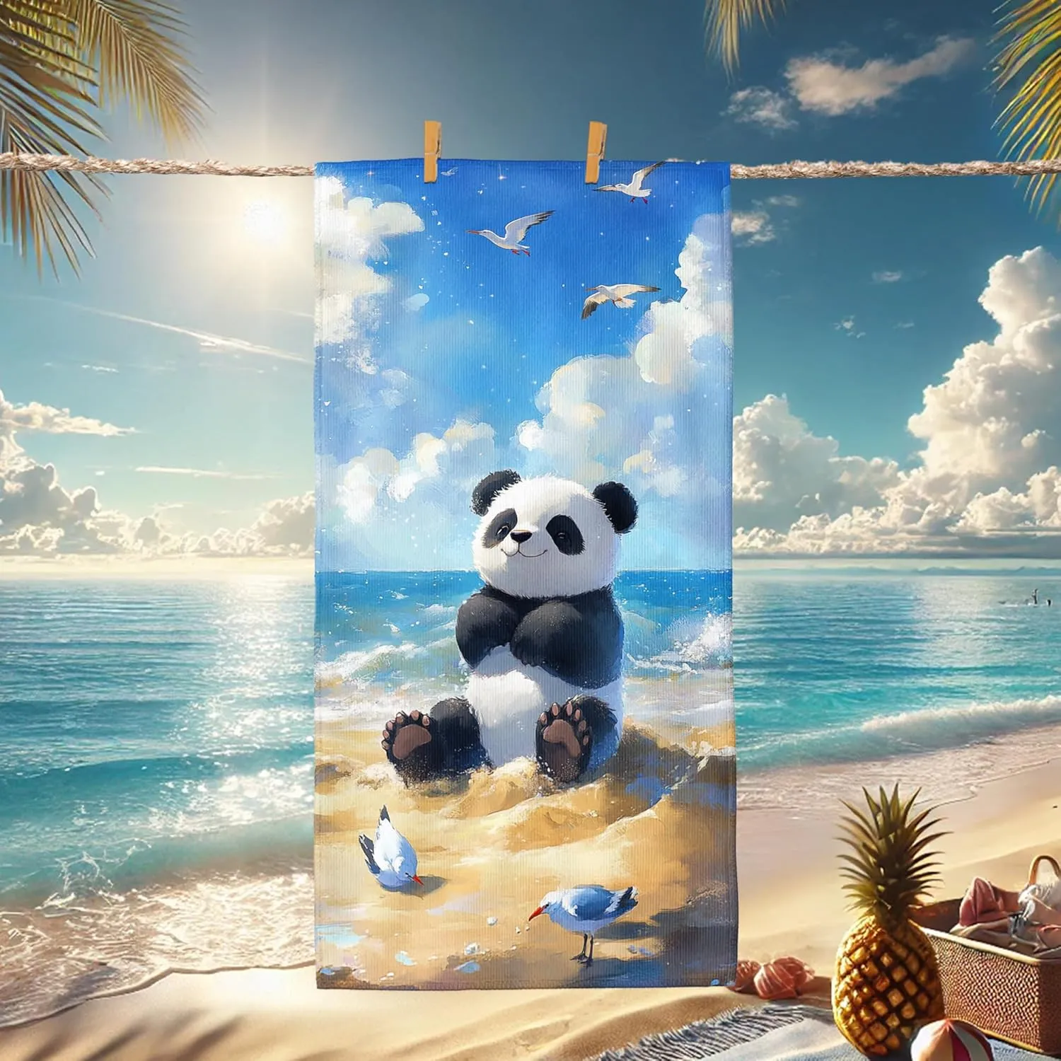 Cute Panda Microfiber Beach Towel Extra Large Sky Cartoon Design, Quick Dry Absorbent Soft Lightweight Sand Free Beach Blanket, Vacation Pool Picnic Essentials 62x31 Inch