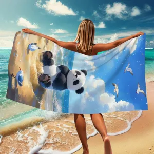 Cute Panda Microfiber Beach Towel Extra Large Sky Cartoon Design, Quick Dry Absorbent Soft Lightweight Sand Free Beach Blanket, Vacation Pool Picnic Essentials 62x31 Inch
