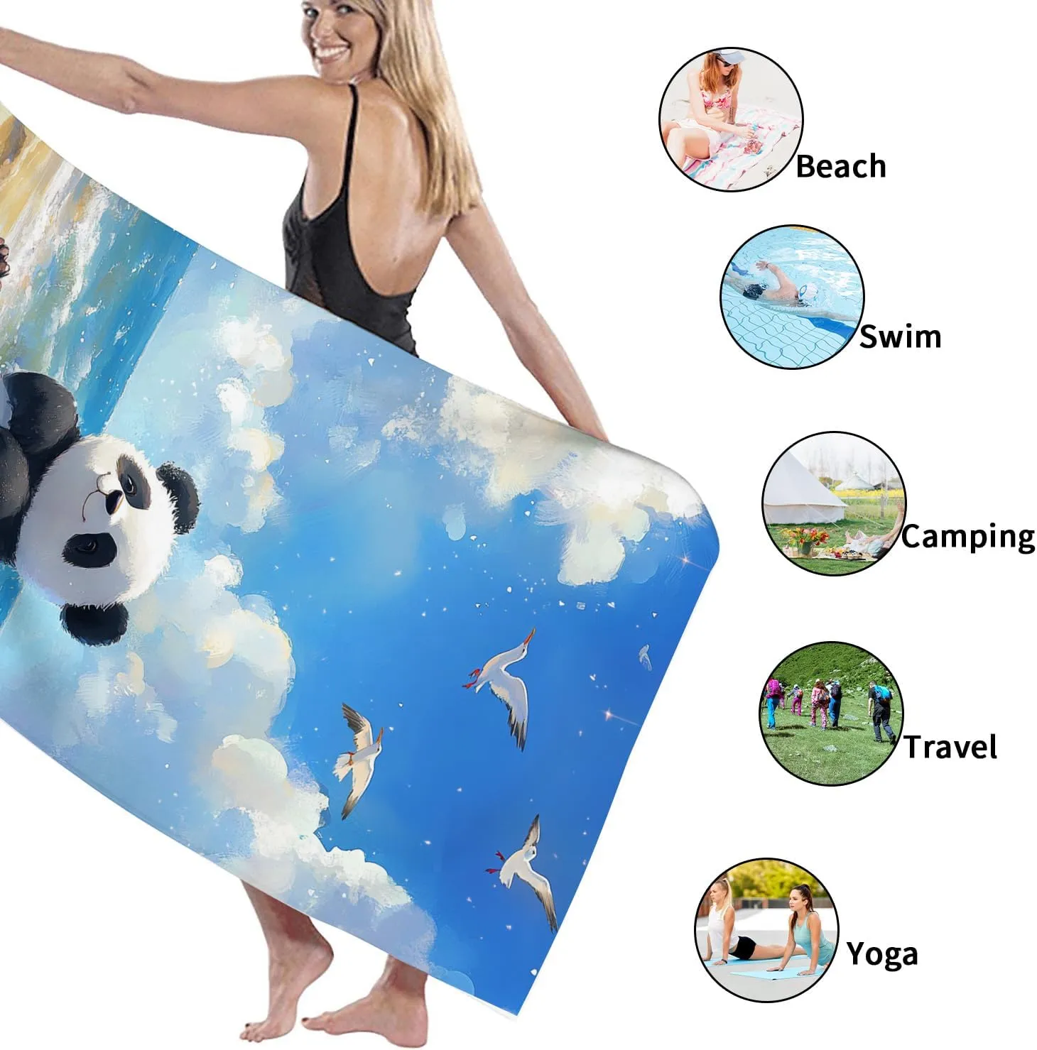 Cute Panda Microfiber Beach Towel Extra Large Sky Cartoon Design, Quick Dry Absorbent Soft Lightweight Sand Free Beach Blanket, Vacation Pool Picnic Essentials 62x31 Inch