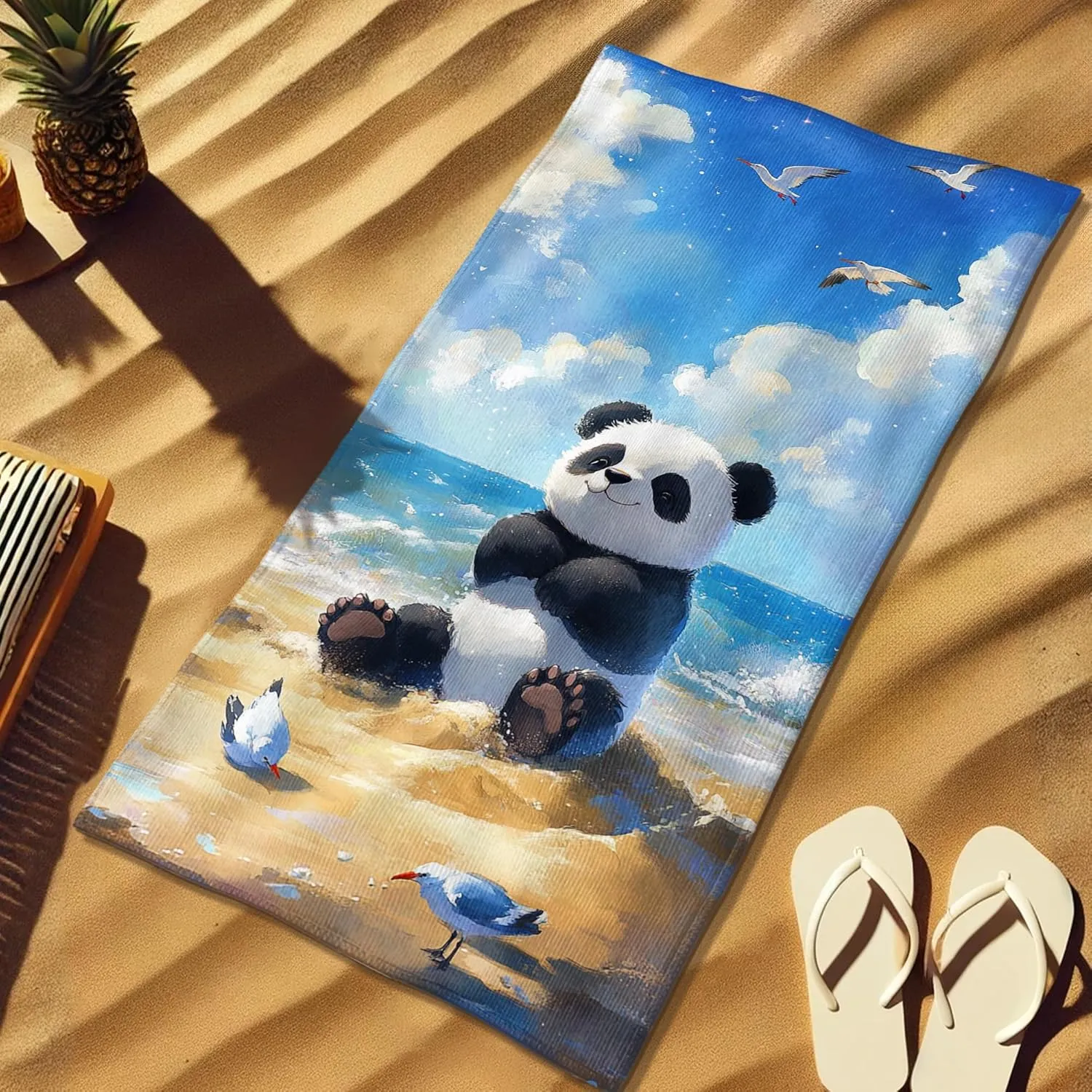 Cute Panda Microfiber Beach Towel Extra Large Sky Cartoon Design, Quick Dry Absorbent Soft Lightweight Sand Free Beach Blanket, Vacation Pool Picnic Essentials 62x31 Inch