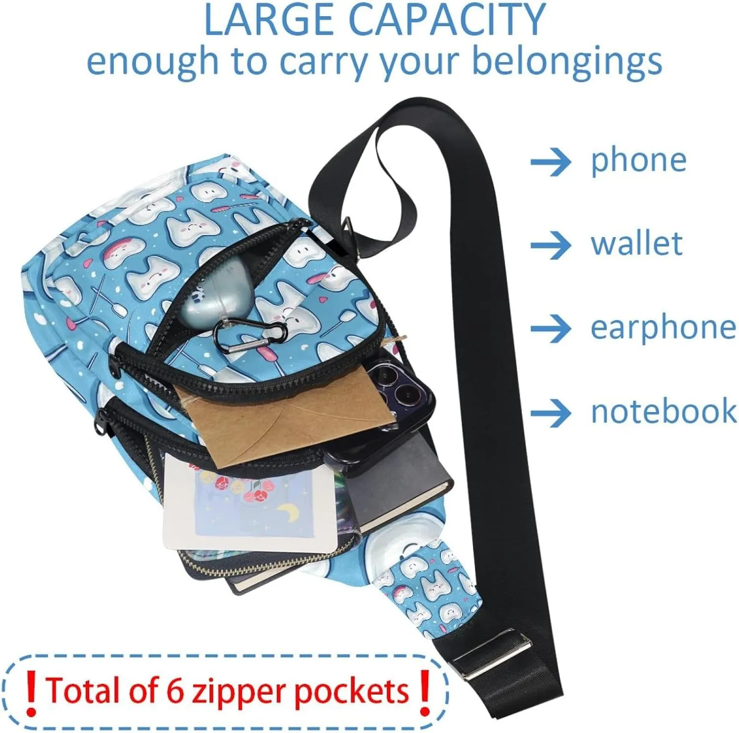 Cute Teeth Crossbody Bag with Adjustable Shoulder Strap, Shoulder Bag for Men and Women Sling Backpack for Travel, Cycling, Work, Sport