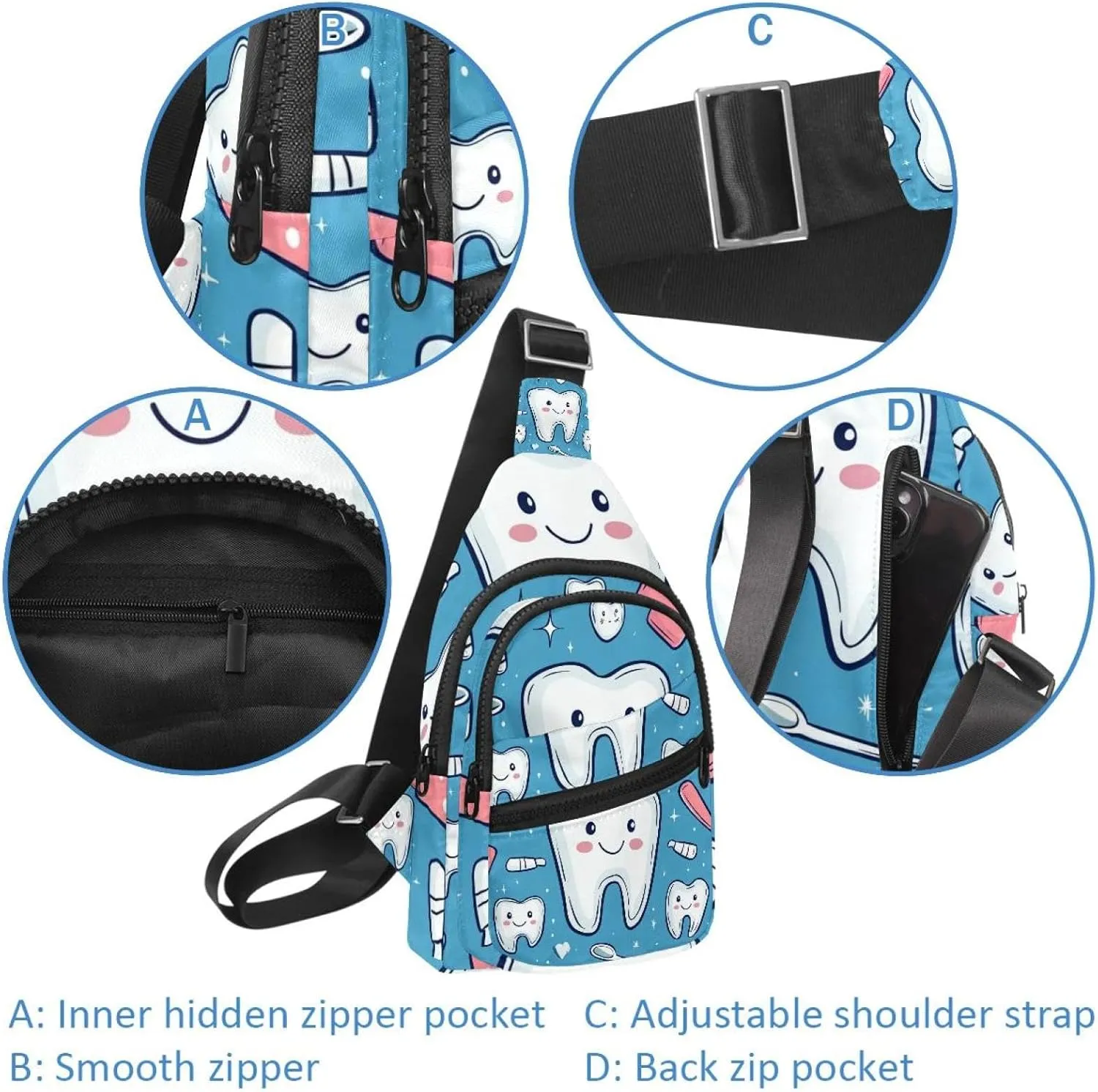 Cute Teeth Crossbody Bag with Adjustable Shoulder Strap, Shoulder Bag for Men and Women Sling Backpack for Travel, Cycling, Work, Sport