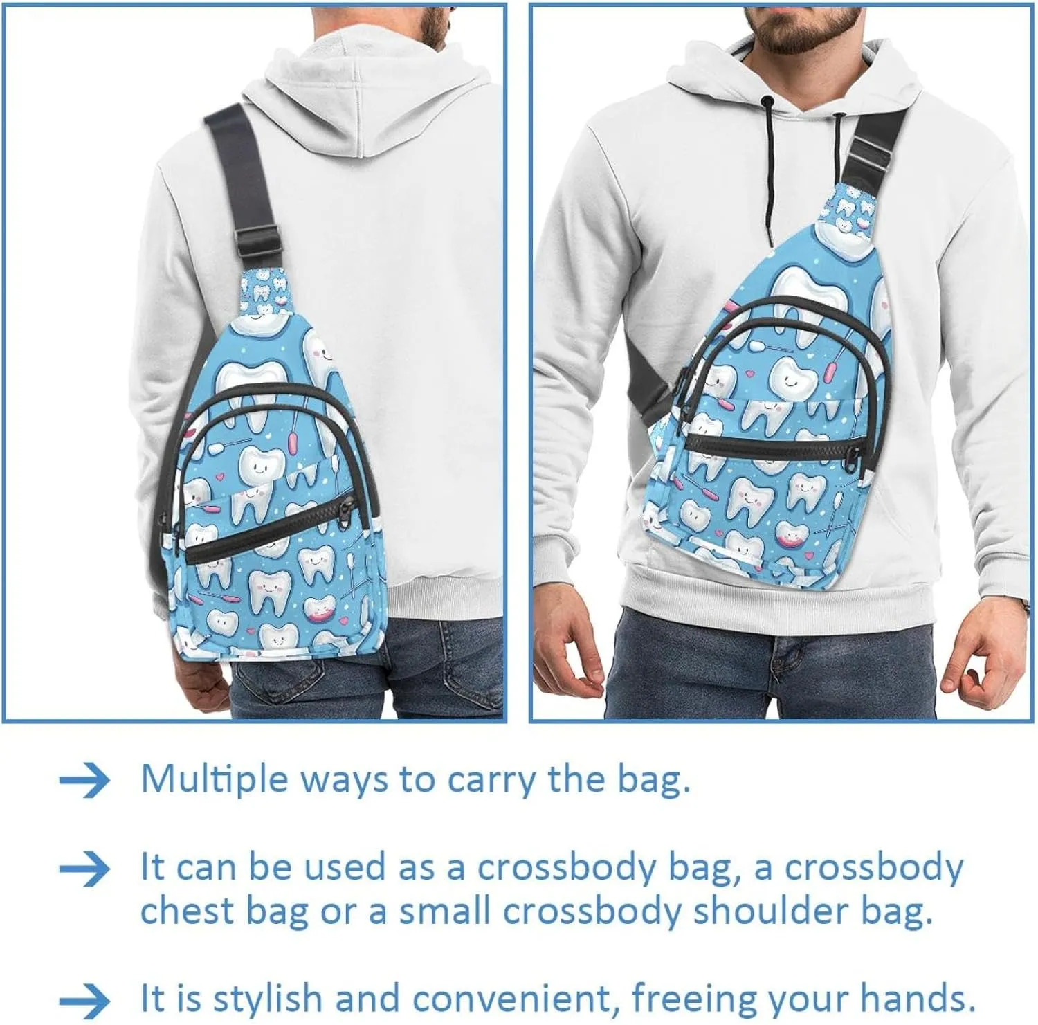 Cute Teeth Crossbody Bag with Adjustable Shoulder Strap, Shoulder Bag for Men and Women Sling Backpack for Travel, Cycling, Work, Sport