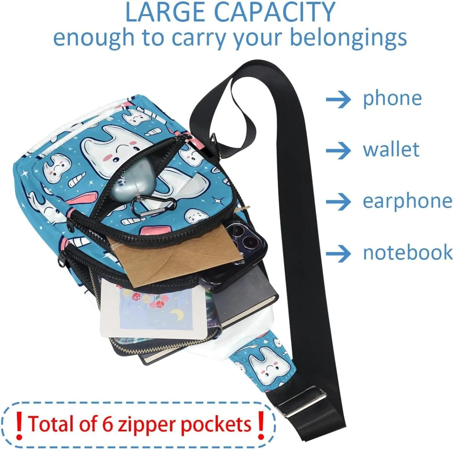 Cute Teeth Crossbody Bag with Adjustable Shoulder Strap, Shoulder Bag for Men and Women Sling Backpack for Travel, Cycling, Work, Sport