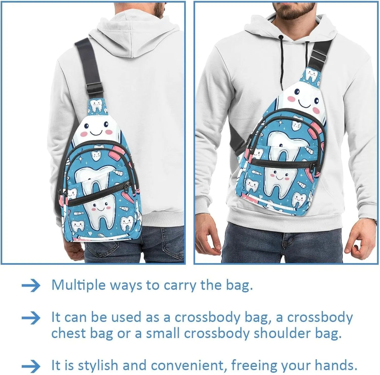 Cute Teeth Crossbody Bag with Adjustable Shoulder Strap, Shoulder Bag for Men and Women Sling Backpack for Travel, Cycling, Work, Sport