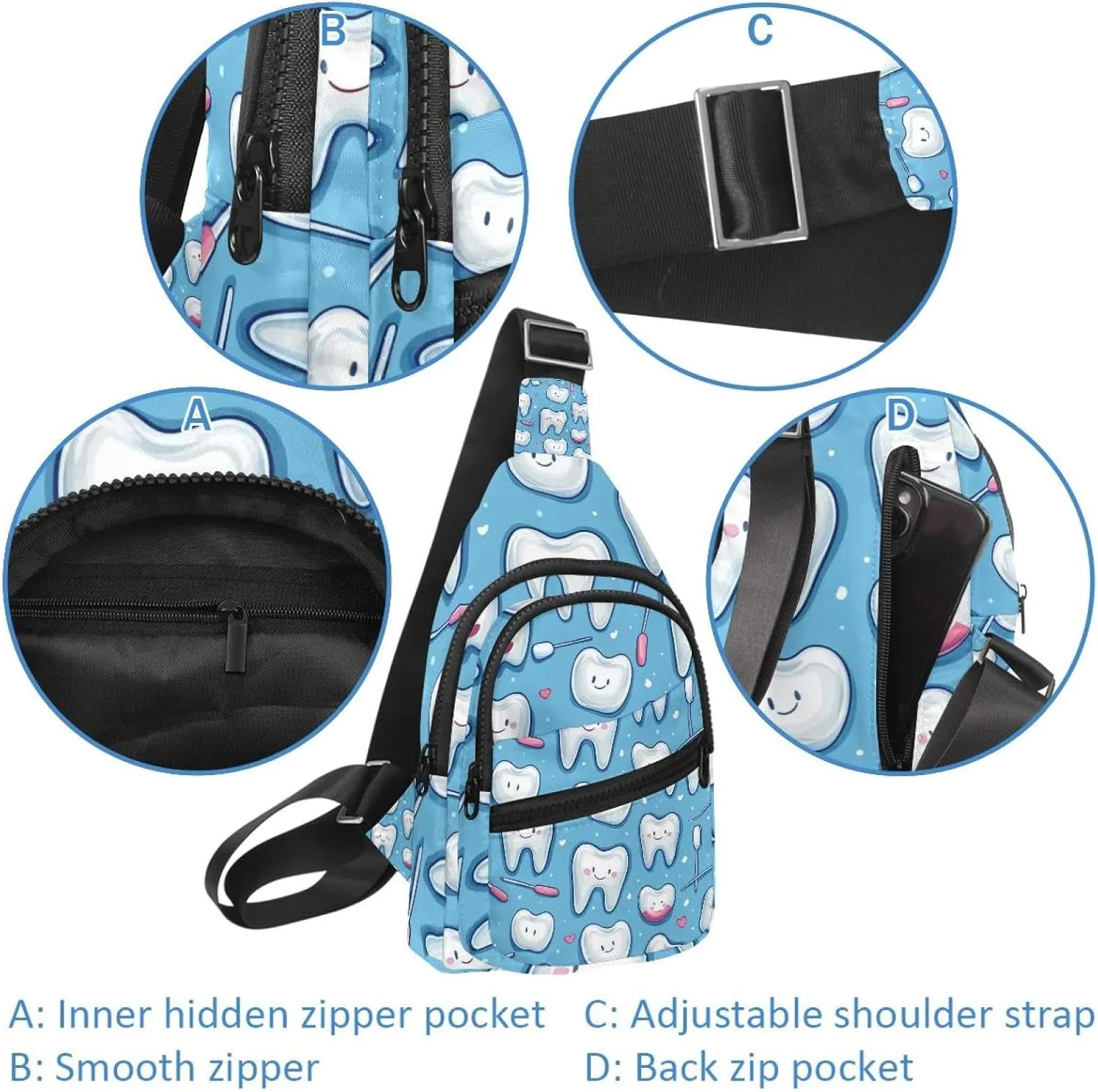 Cute Teeth Crossbody Bag with Adjustable Shoulder Strap, Shoulder Bag for Men and Women Sling Backpack for Travel, Cycling, Work, Sport