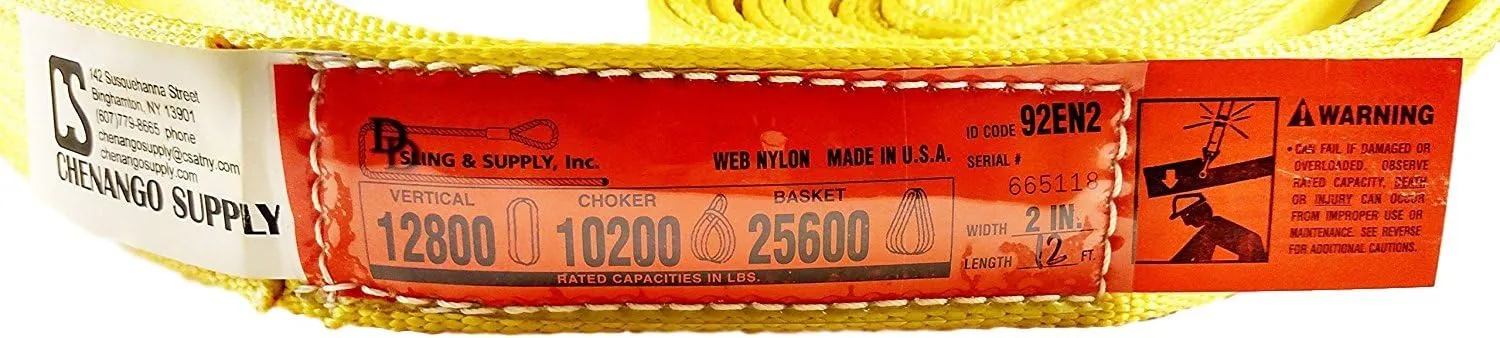DD Sling-USA Made 1" & 2" Widths by 6' to 12' Lengths in Listing, 2 Ply, Endless Nylon Lifting Slings, 900 Webbing, 12,800 lbs Vertical, 10,200 lbs Choker, 25,600 lbs Basket (USA Made Nylon) (2"x12')
