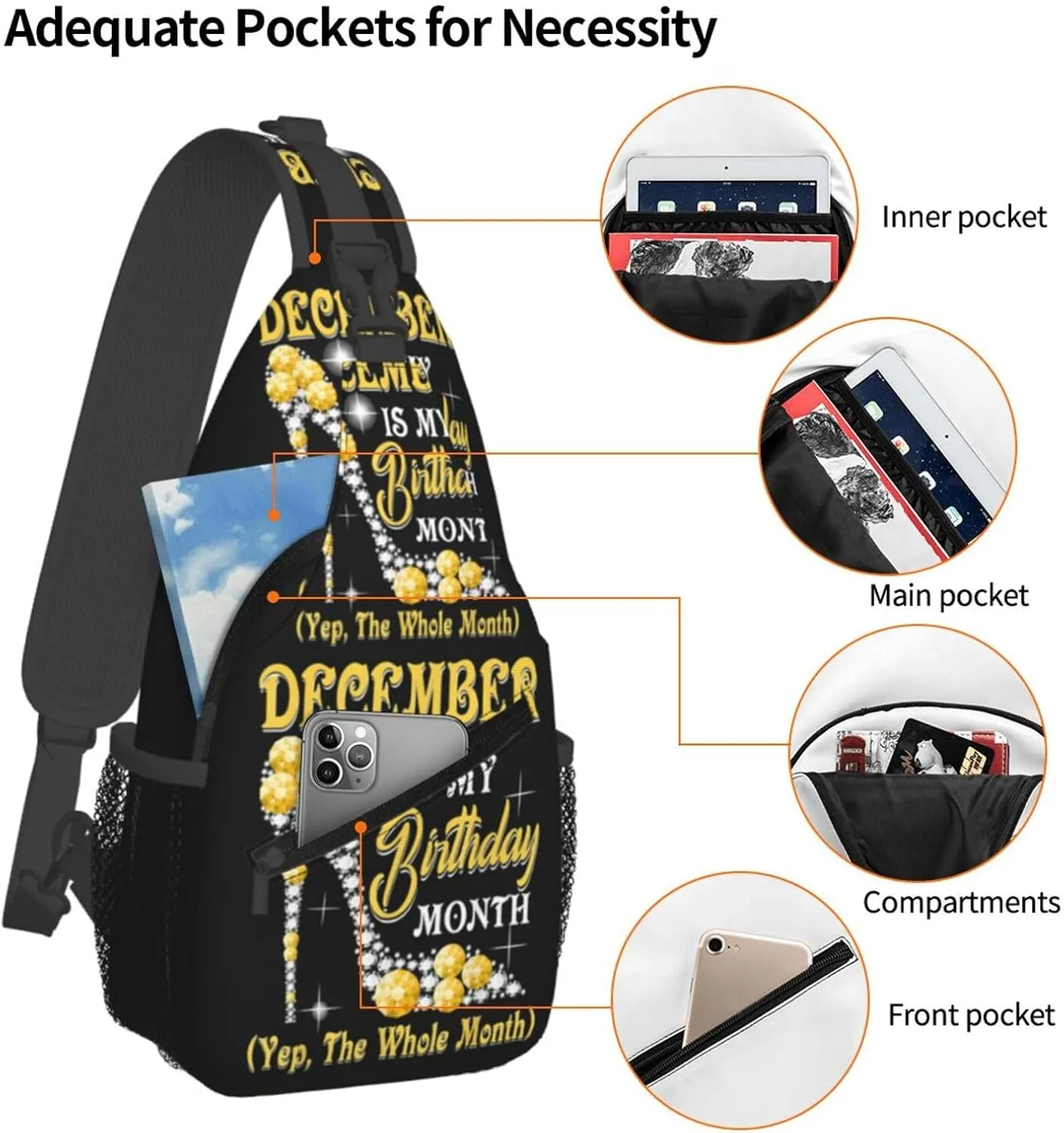 December Is My Birthday Month High Heels Crossbody Bag Cross Chest Bag Adjustable Sling Backpack Sports Gym Shoulder Bags Travel Cycling Daypack Diagonally Casual Rucksack