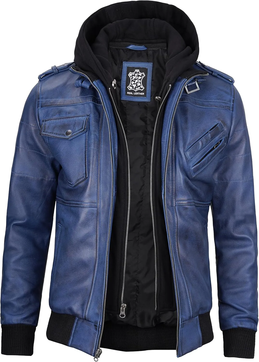 Decrum Hooded Leather Jacket Men - Casual Detachable Hood Leather Jackets for Men