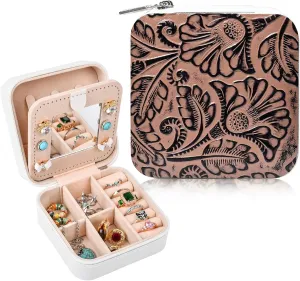 DEEKA Western Jewelry Box Case Real Leather Brown Embossed Tooled Travel Jewelry Organizer Gifts Christmas Gifts for Women Country Girls Cowgirl Stuff Portable Travel Accessories -Brown