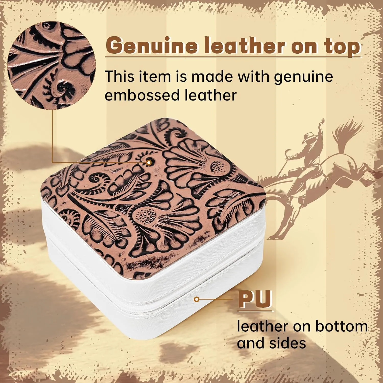 DEEKA Western Jewelry Box Case Real Leather Brown Embossed Tooled Travel Jewelry Organizer Gifts Christmas Gifts for Women Country Girls Cowgirl Stuff Portable Travel Accessories -Brown