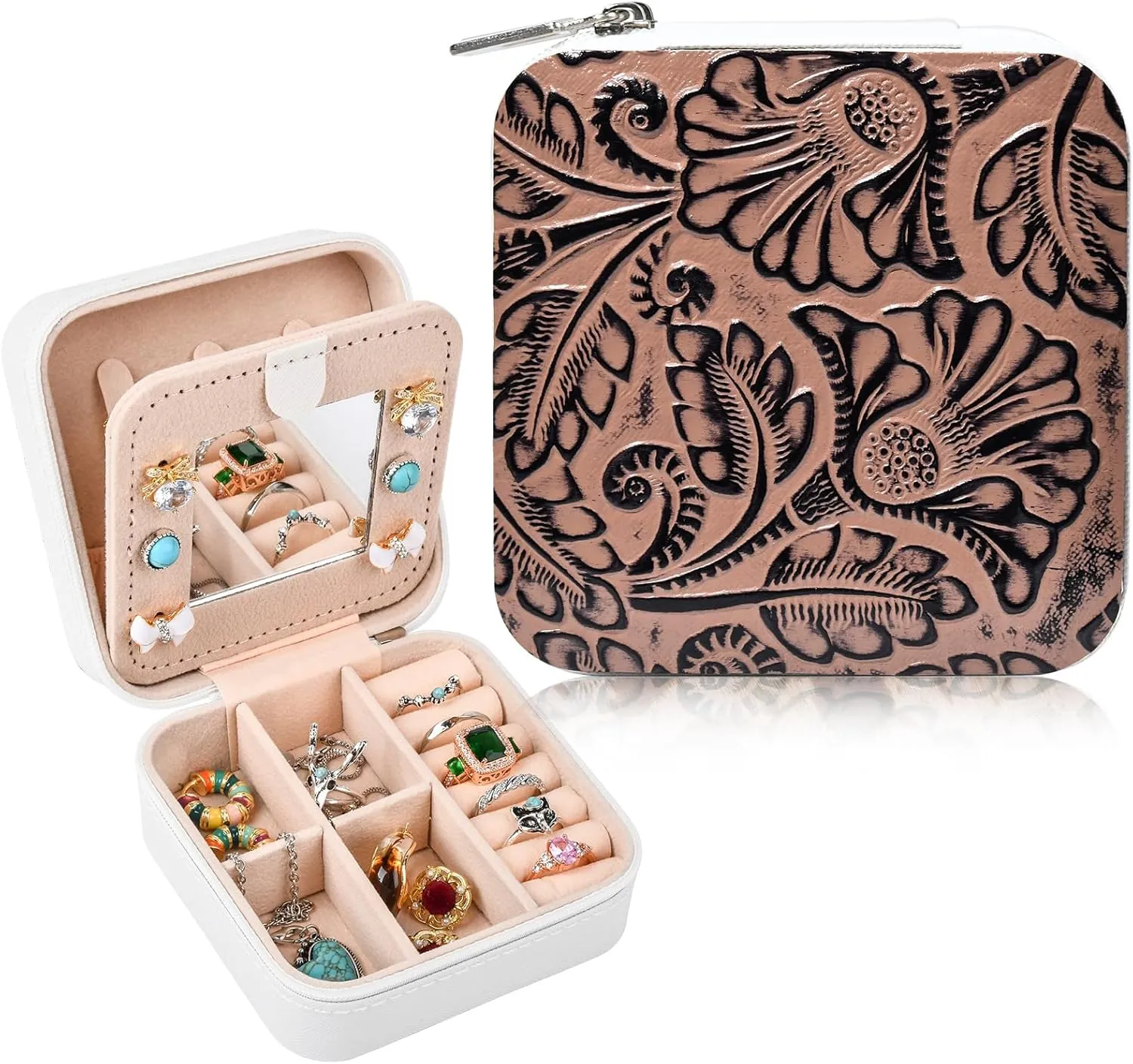 DEEKA Western Jewelry Box Case Real Leather Brown Embossed Tooled Travel Jewelry Organizer Gifts Christmas Gifts for Women Country Girls Cowgirl Stuff Portable Travel Accessories -Brown