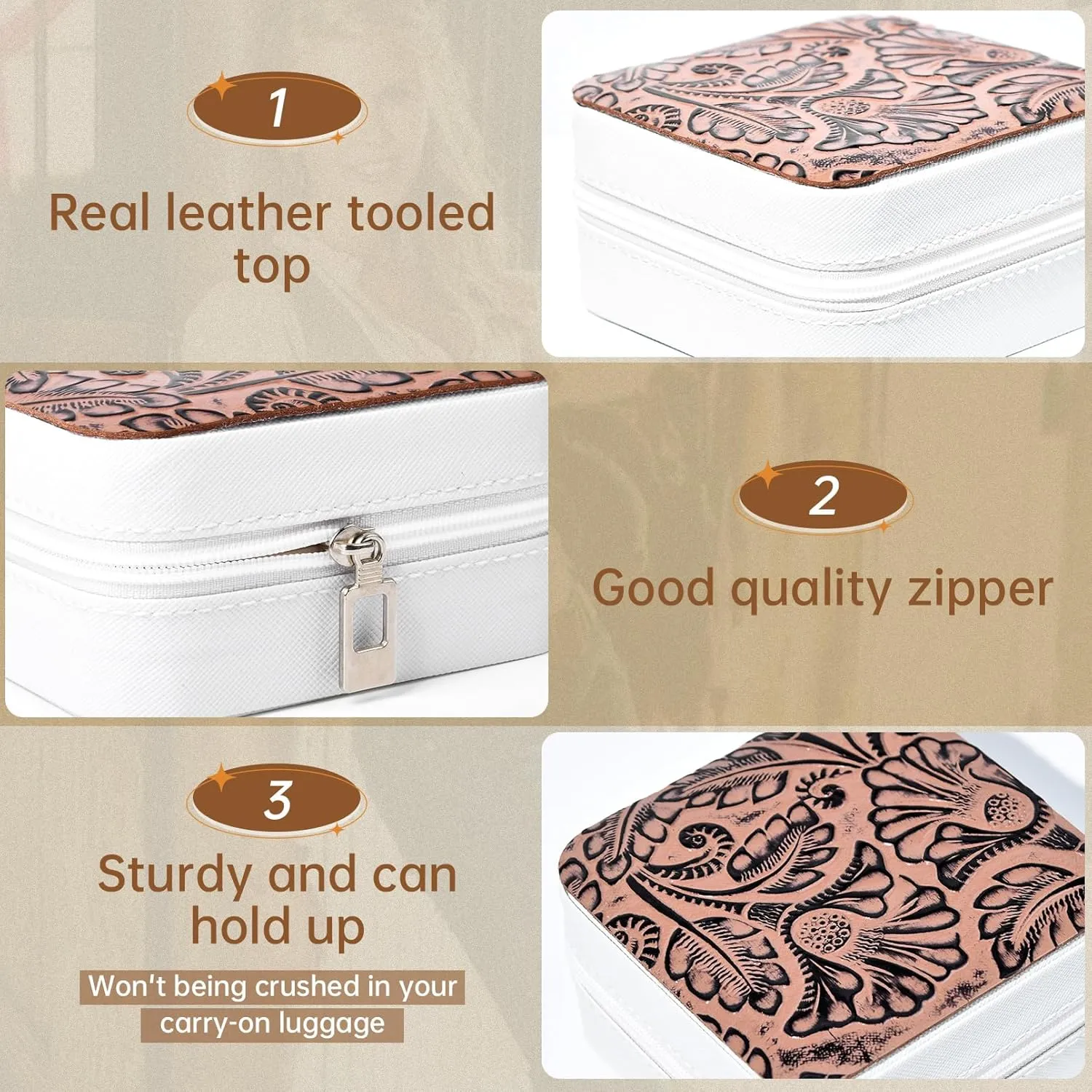 DEEKA Western Jewelry Box Case Real Leather Brown Embossed Tooled Travel Jewelry Organizer Gifts Christmas Gifts for Women Country Girls Cowgirl Stuff Portable Travel Accessories -Brown