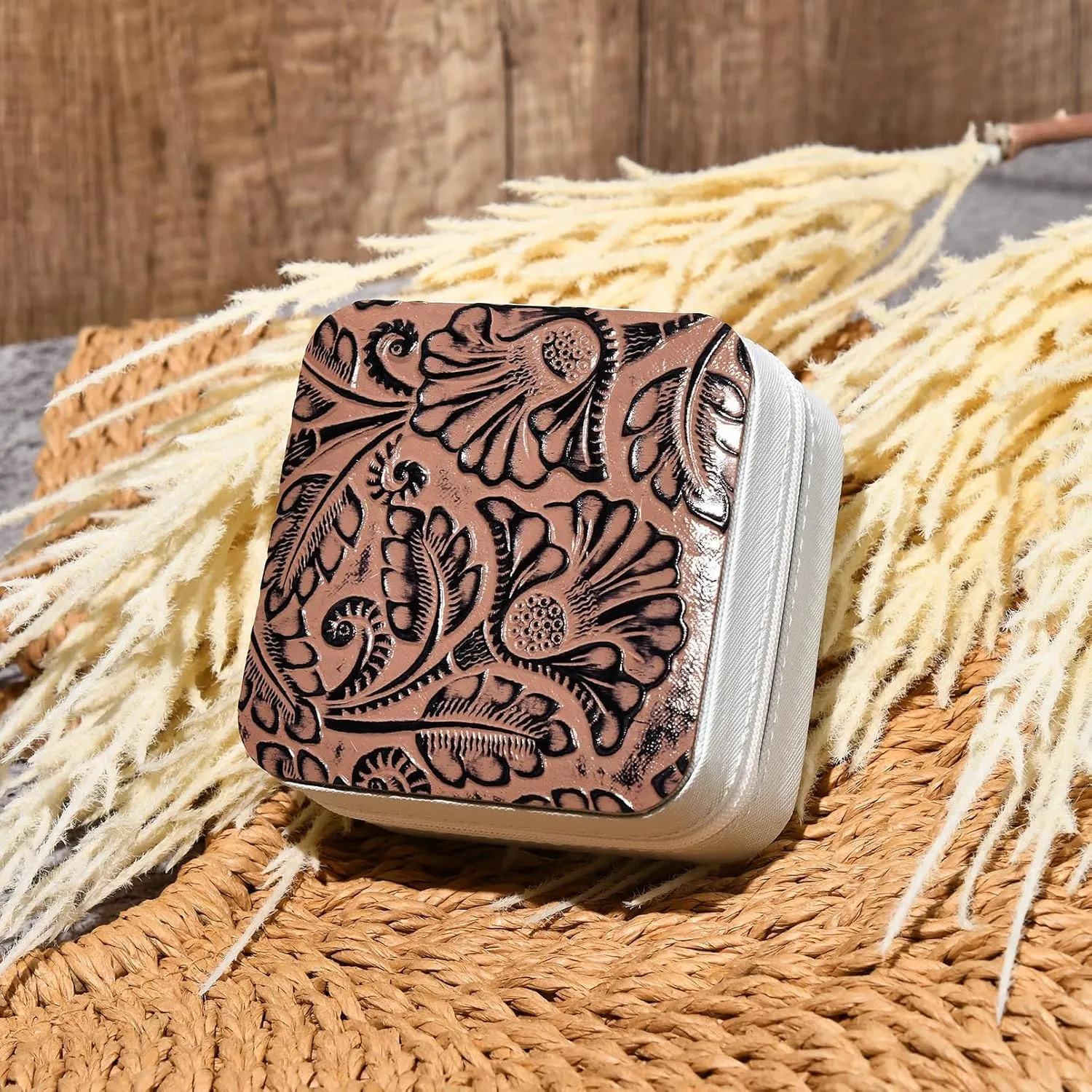 DEEKA Western Jewelry Box Case Real Leather Brown Embossed Tooled Travel Jewelry Organizer Gifts Christmas Gifts for Women Country Girls Cowgirl Stuff Portable Travel Accessories -Brown
